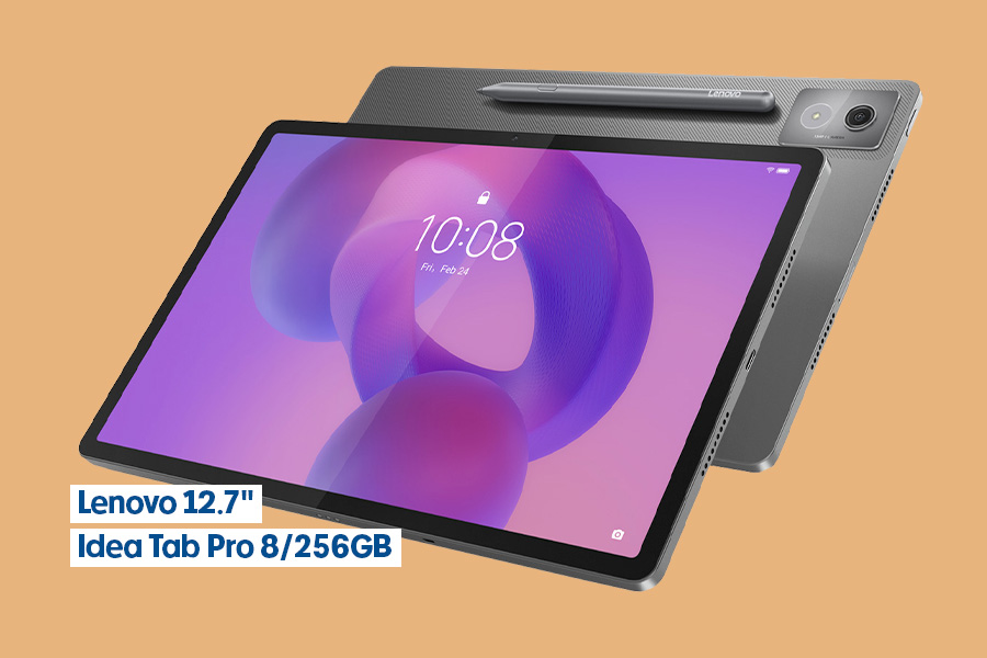 Lenovo 12.7-inch Idea Tab Pro 8/256GB tablet with pen, shown angled with purple screen, rear casing and camera visible, stylus resting on back, on a tan background.