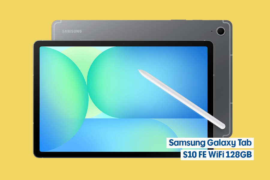The Samsung Galaxy Tab S10 FE Wi‑Fi 128GB tablet with white stylus, shown front-on with a blue‑green screen and dark grey rear casing visible behind, on a yellow background.