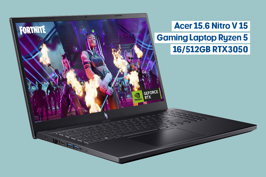Acer Nitro V 15 15.6-inch gaming laptop, Ryzen 5, 16/512GB, RTX 3050; shown open at an angle with black casing and keyboard, screen showing Fortnite, on a teal background.