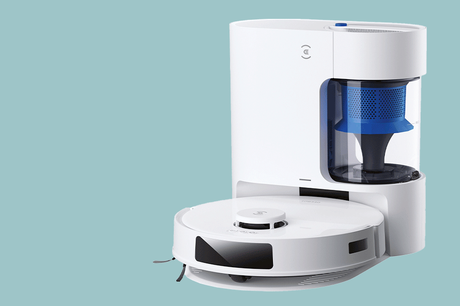 An assortment of smart appliances, shown on various brightly coloured backgrounds. Products include things like robotic mop and vacuums and air purifiers.