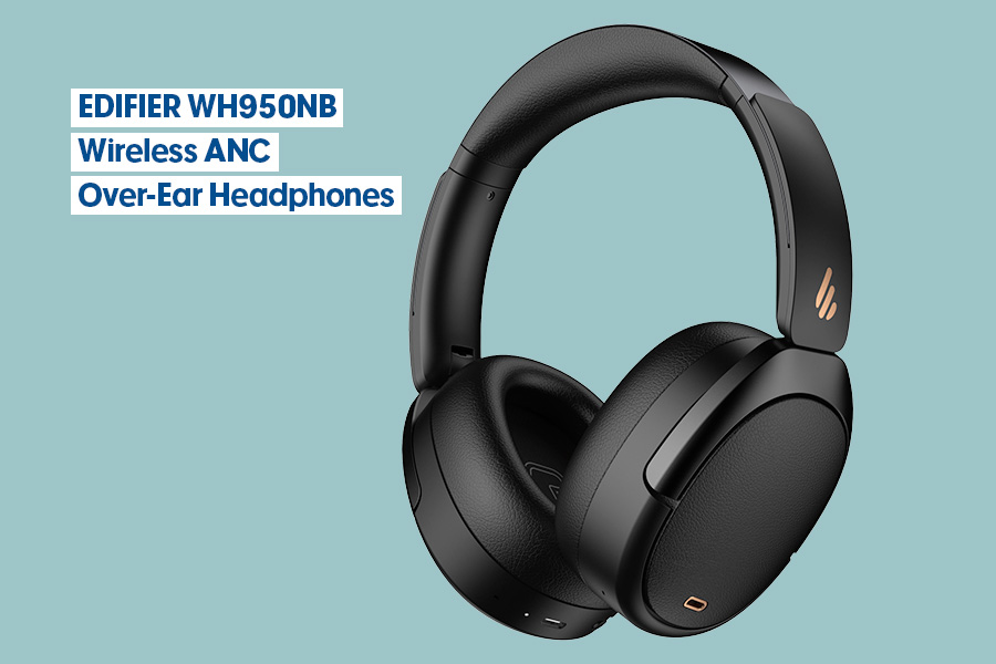 EDIFIER WH950NB wireless over-ear headphones in black, shown against a teal background.