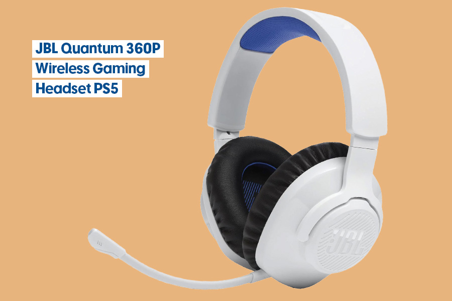 BL Quantum 360P wireless gaming headset in white and blue, shown against an orange background.