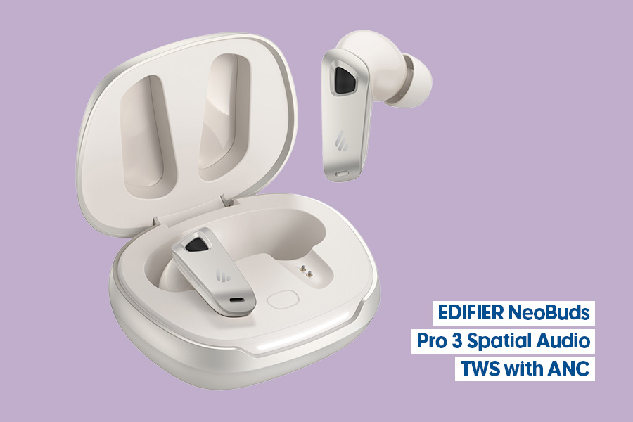 EDIFIER NeoBuds Pro 3 true wireless earbuds and charging case in white, shown against a purple background.