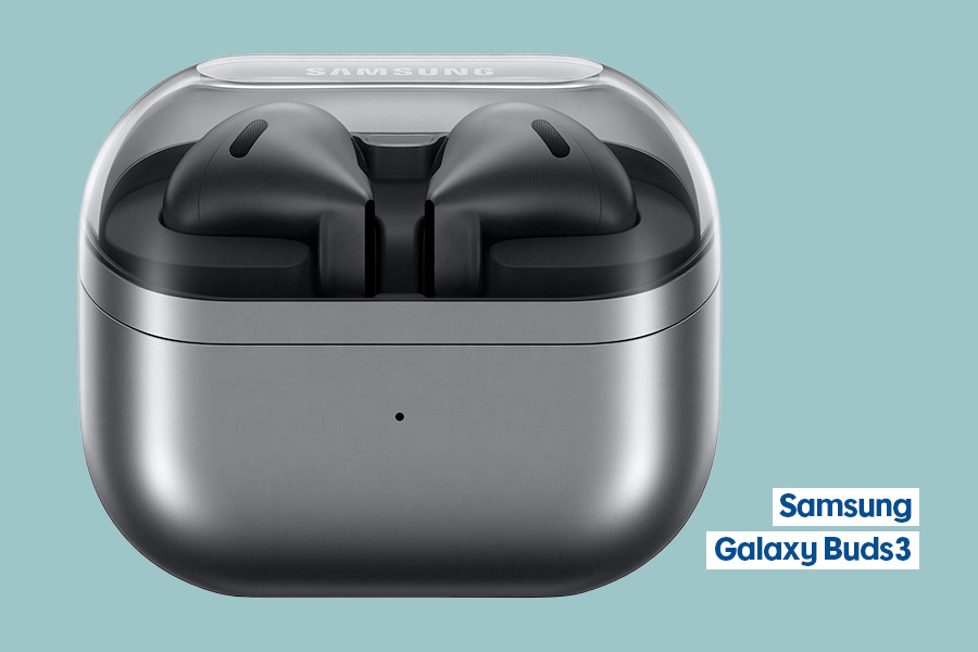 Samsung Galaxy Buds3 true wireless earbuds and charging case in silver, shown against a teal background.