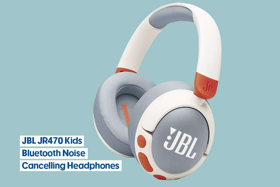 JBL JR470 Kids wireless over-ear headphones in white, shown against a teal background.