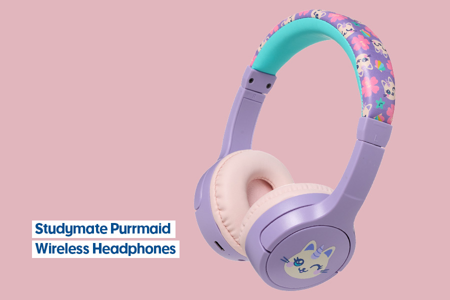 Studymate Purrmaid wireless on-ear headphones in purple shown against a pink background.