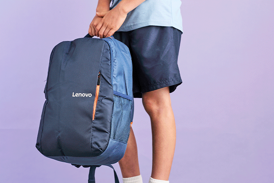 A series of images showing various colourful and themed backpacks for students, including a dinosaur-themed backpack and a Star Wars backpack.