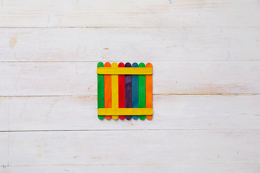 A series of images demonstrating Step 3 of making a craft stick bridge, showing the support pieces being glued to the underside of one of the flat deck panels.