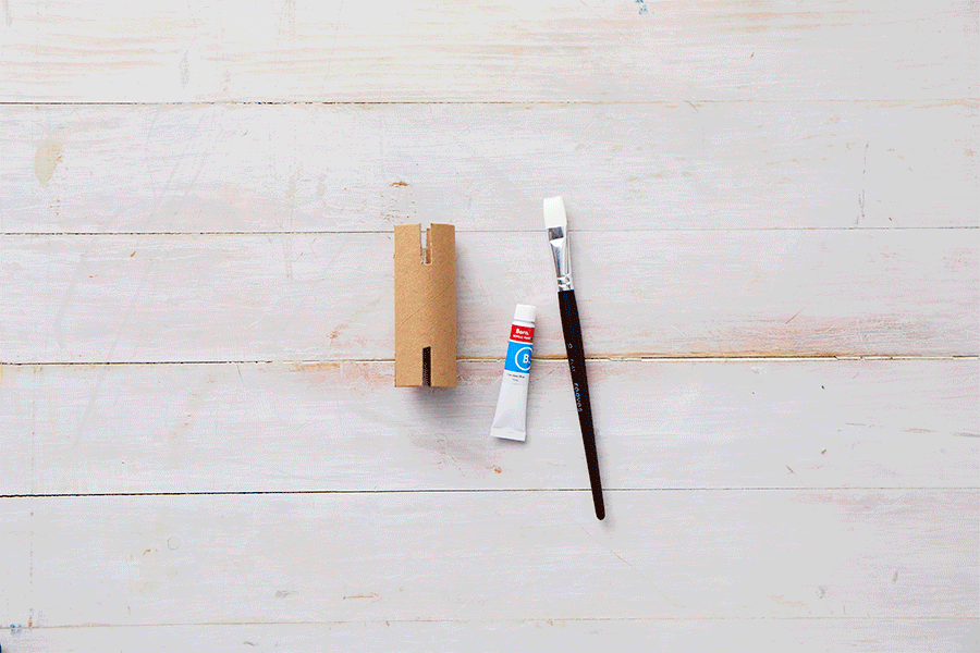 A series of images demonstrating Step 4 of making cardboard roll stackers, showing a hand painting the cut cardboard tubes with bright blue, red, green, orange and yellow paint.