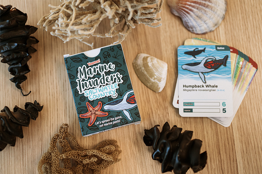 A ‘Marine Invaders Saltwater Country’ card game on a wooden table, with a humpback whale card displayed and assorted shells, sea moss and shark eggs arranged around the deck.