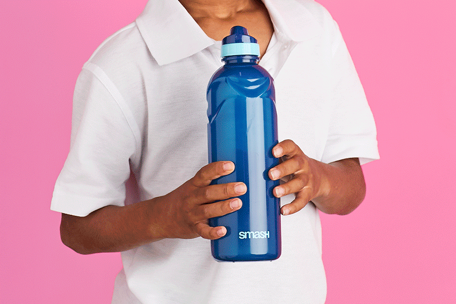 A series of images showing colourful drink bottles of different styles, including stainless steel bottles with flip straws and plastic bottles with a twist-top or pop-top.