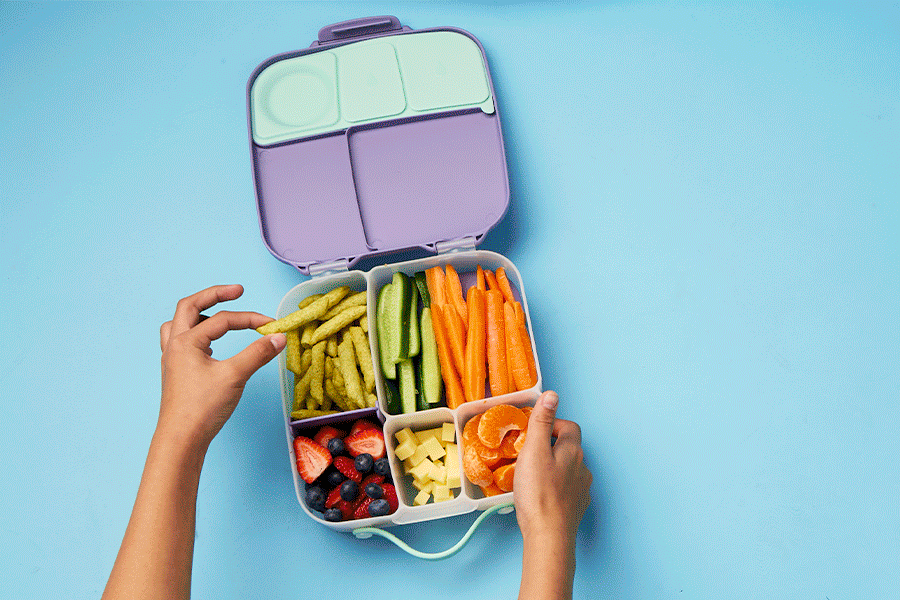 A series of images showing various lunch boxes and bags, including bento boxes in dinosaur, gaming, hearts and summery themes, and an insulated lunch bag.