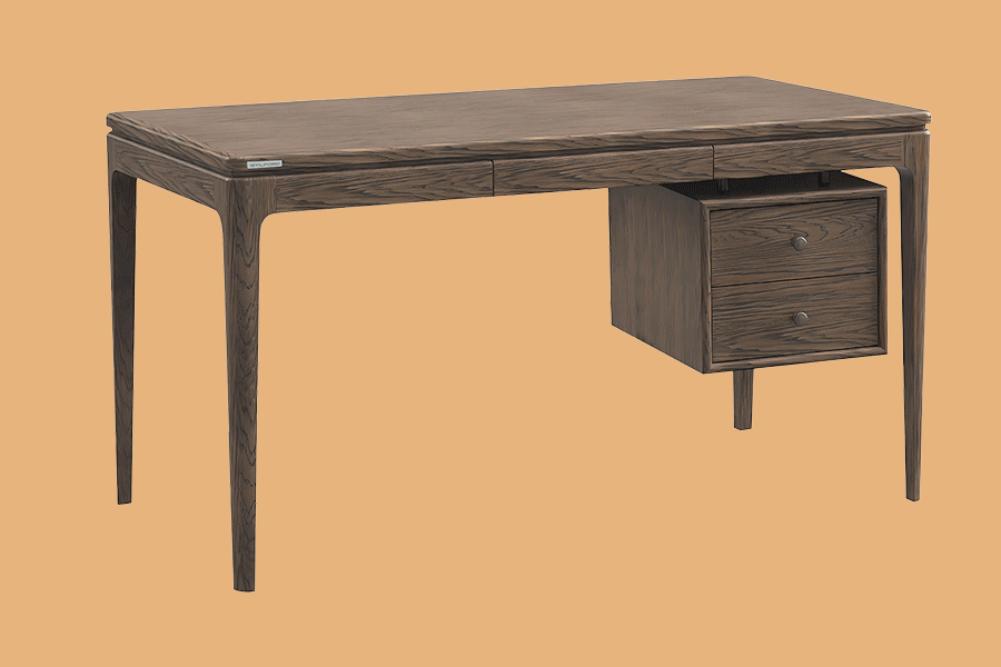 An assortment of chairs and desks for a home office, shown on various brightly coloured backgrounds.