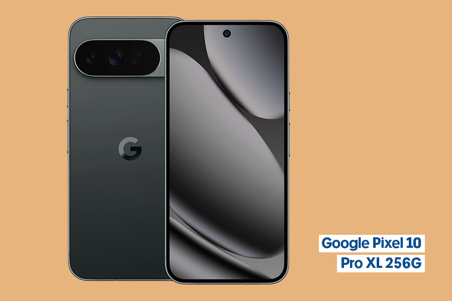 A front and back view of the Google Pixel 10 Pro XL, a black smartphone, shown against an orange background.