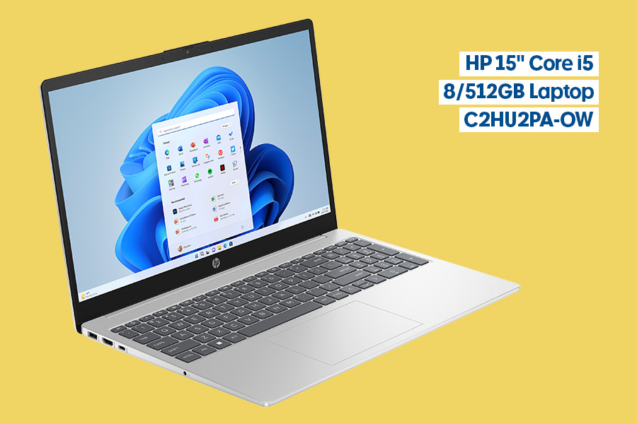 The HP 15" Core i5 8/512GB Laptop C2HU2PA-OW laptop shown on a yellow background. The laptop features grey casing and a black casing and the screen is showing a Windows 11 interface.