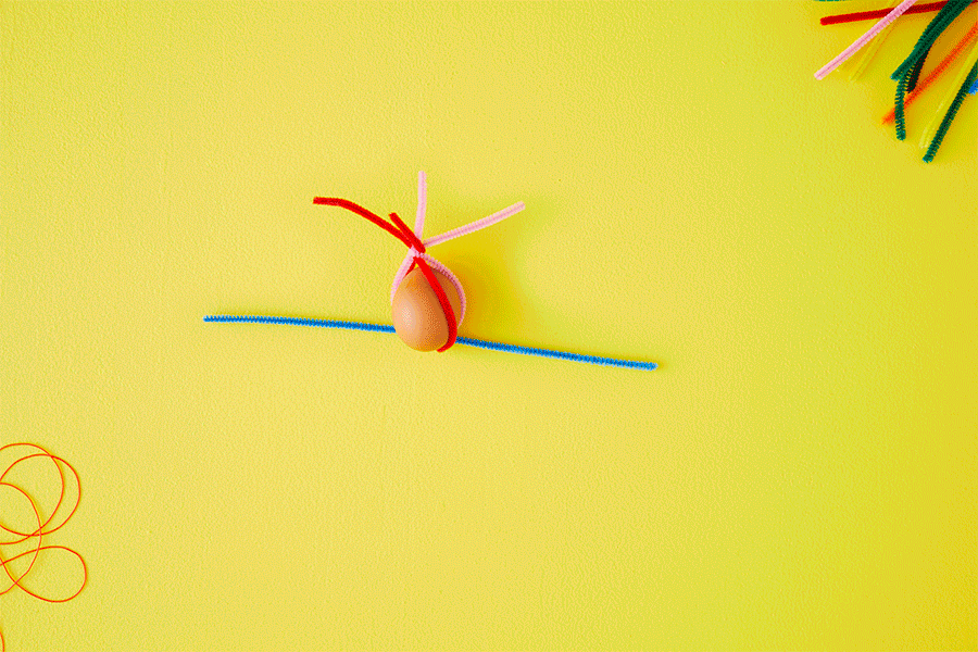  A series of images showing how to do an egg zip-line STEM activity by tying string to create a taut downward slope, using pipe cleaners to create an egg harness and attaching it to the string