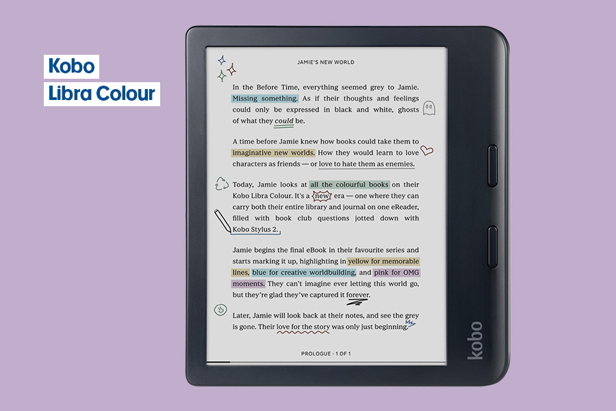 A Kobo Libra Colour e-reader with the screen showing a page of text with coloured highlights and annotations, shown against a purple background.