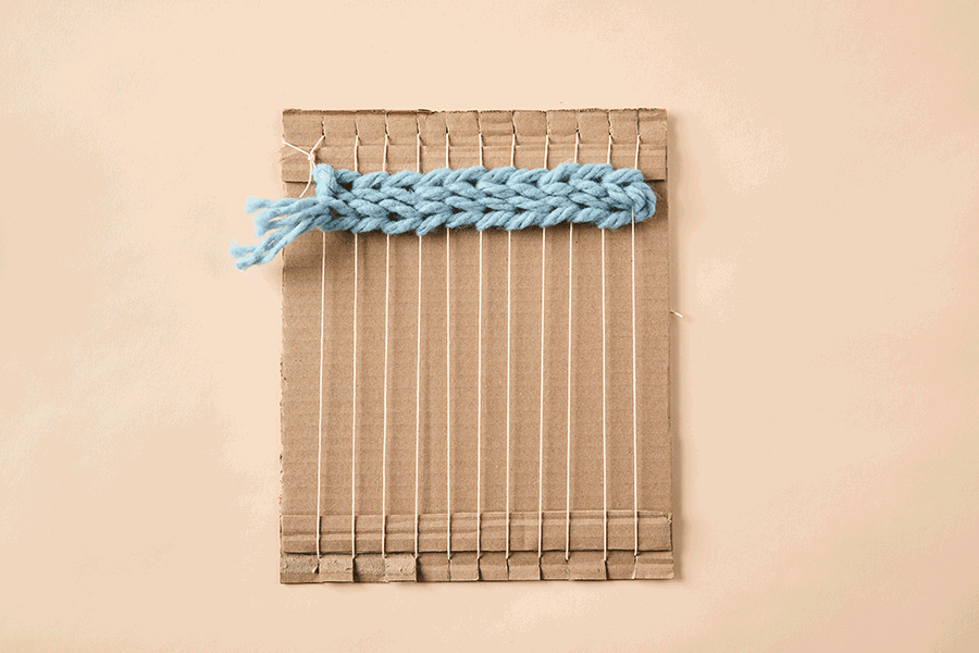 A series of images demonstrating how to continue weaving a braid stitch down a loom using different colours. 