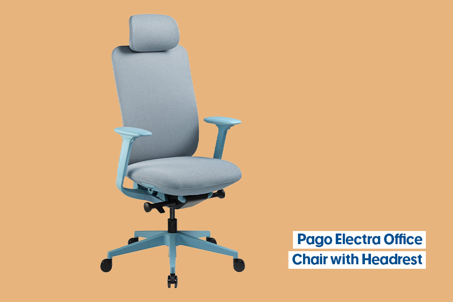 The Pago Electra office chair in ‘Blue’, with a light-blue-grey headrest, back and seat, light blue armrests and base, and black castors, shown on an orange background.