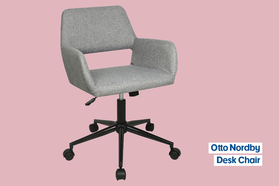 The Otto Nordby desk chair in ‘Grey Fabric’, with a light grey open backrest and padded arms on a black base with castors, shown against a pink background.