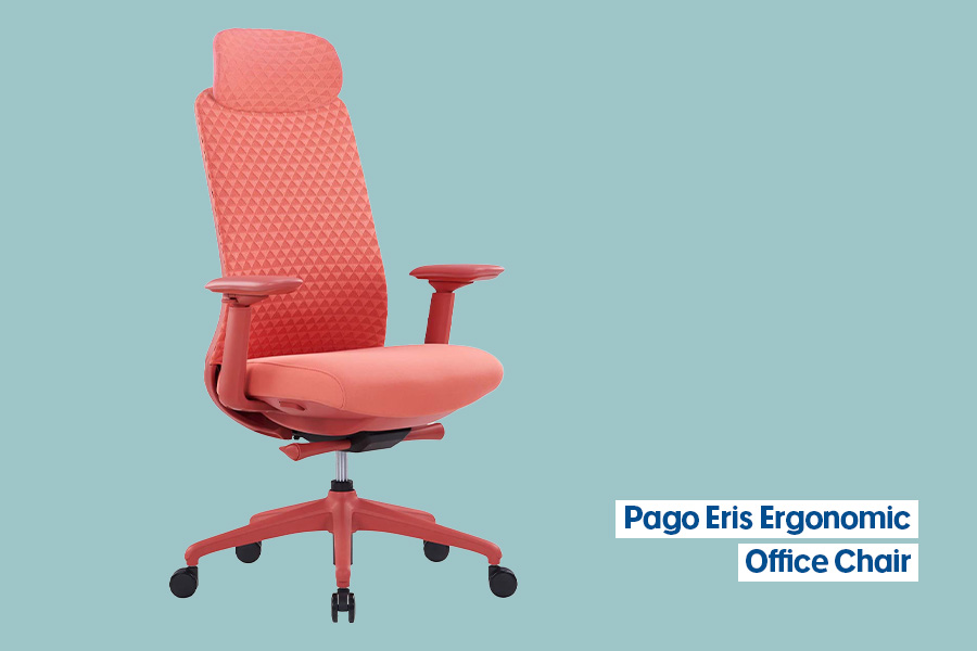 The Pago Eris ergonomic office chair in ‘Red’, with a coral-coloured textured high back, headrest and adjustable armrests, and a red base with black castors, shown against a teal background.