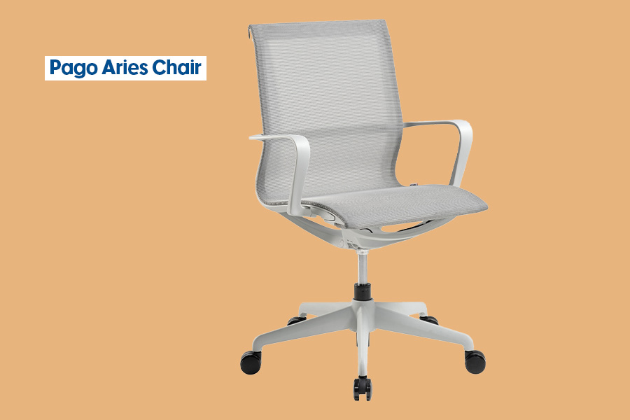 The Pago Aries office chair in ‘Grey’, with a light grey mesh seat and back, armrests and base with black castors, shown against an orange background.
