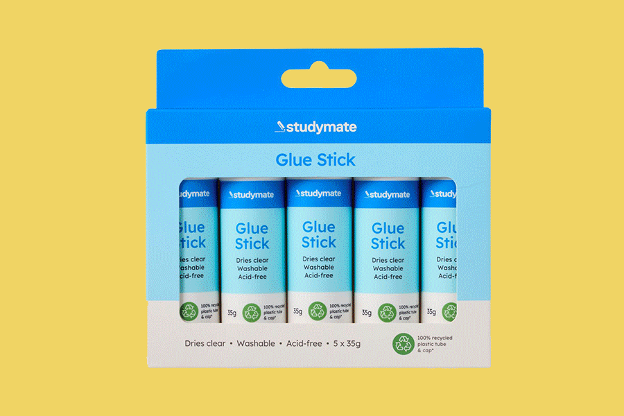 An assortment of classroom supplies, shown on various brightly coloured backgrounds, including glue sticks, HB pencils, whiteboard markers and staples.