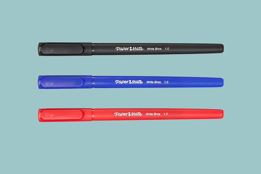 An assortment of teacher supplies, shown on various brightly coloured backgrounds, including pens, sticky notes, laminating pouches and chocolate.