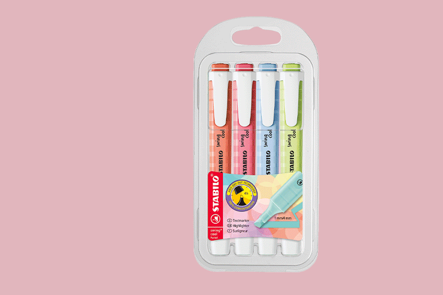An assortment of everyday stationery supplies shown on various brightly coloured backgrounds. Products include highlighters, sticky notes and flags, and a tape dispenser.