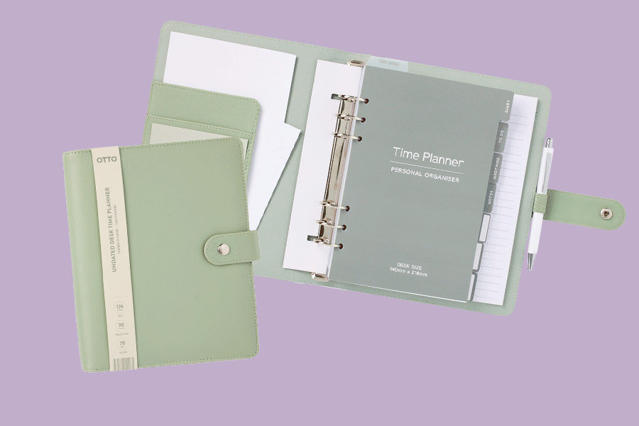 An assortment of stationery supplies to help with organisation shown on various brightly coloured backgrounds. Products include a diary, notebook and dot journal.