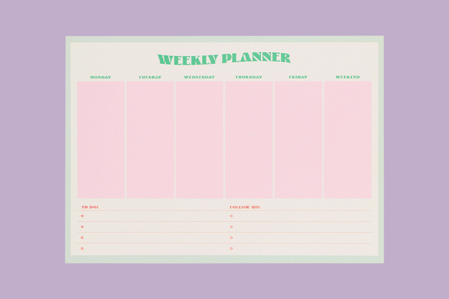An assortment of stationery supplies to help with planning shown on various brightly coloured backgrounds. Products include a desk planner, a wall planner and a calendar.