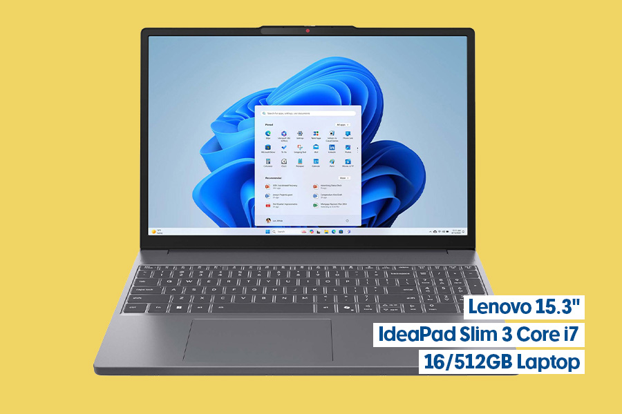 The Lenovo 15.3-inch IdeaPad Slim 3 Core i7 16/512GB Laptop shown on a yellow background. The laptop features grey casing and black keyboard. The screen shows the Windows 11 interface.