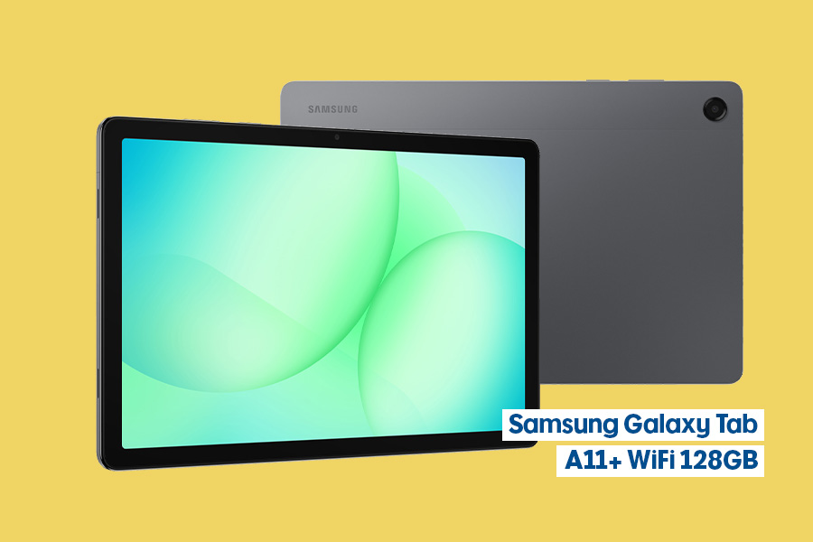 The Samsung Galaxy Tab A11+ WiFi 128GB shown on a yellow background. Features grey casing. The screen shows turquoise and green gradient abstract design.