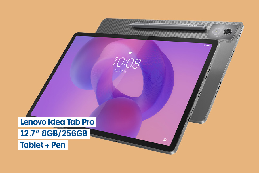The Lenovo Idea Tab Pro 12.7-inch 8GB/256GB Tablet + Pen shown on an orange background. Features grey casing with stylus pen. The screen shows purple gradient circles with a time display.