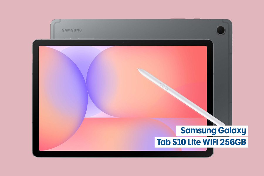 The Samsung Galaxy Tab S10 Lite WiFi 256GB shown on a pink background. Features grey casing with white stylus pen. The screen shows pink and purple gradients with abstract shapes.