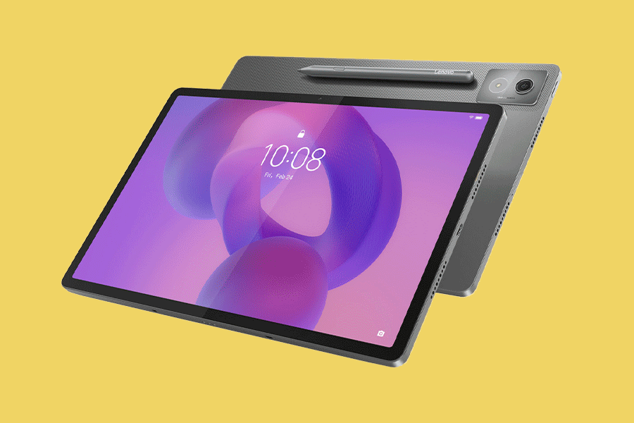 An assortment of tech accessories to boost productivity shown on various brightly coloured backgrounds. Products include a tablet, wireless headphones and an all-in-one printer.