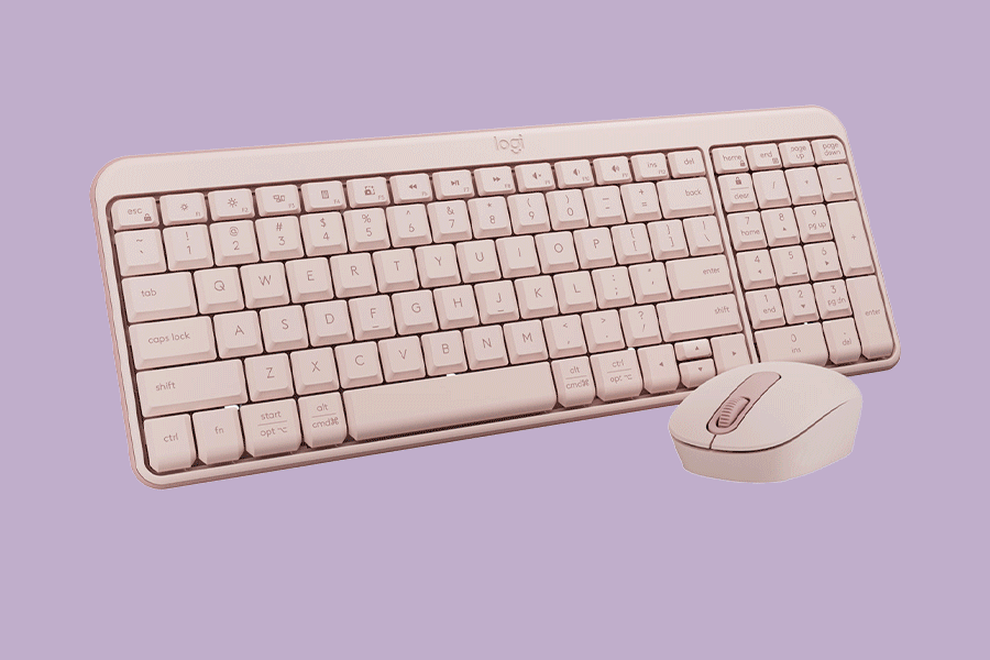 An assortment of wireless keyboard and mice combos shown on various brightly coloured backgrounds. Products include the Logitech MK250 combo in rose, the Logitech POP Icon combo in lilac and the HP 650 Combo in white.