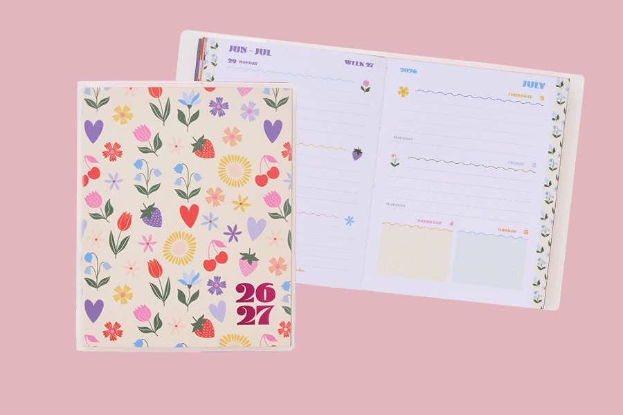An assortment of travel stationery shown on various brightly coloured backgrounds. Products include a compact diary, a note-taking compendium and erasable pens.