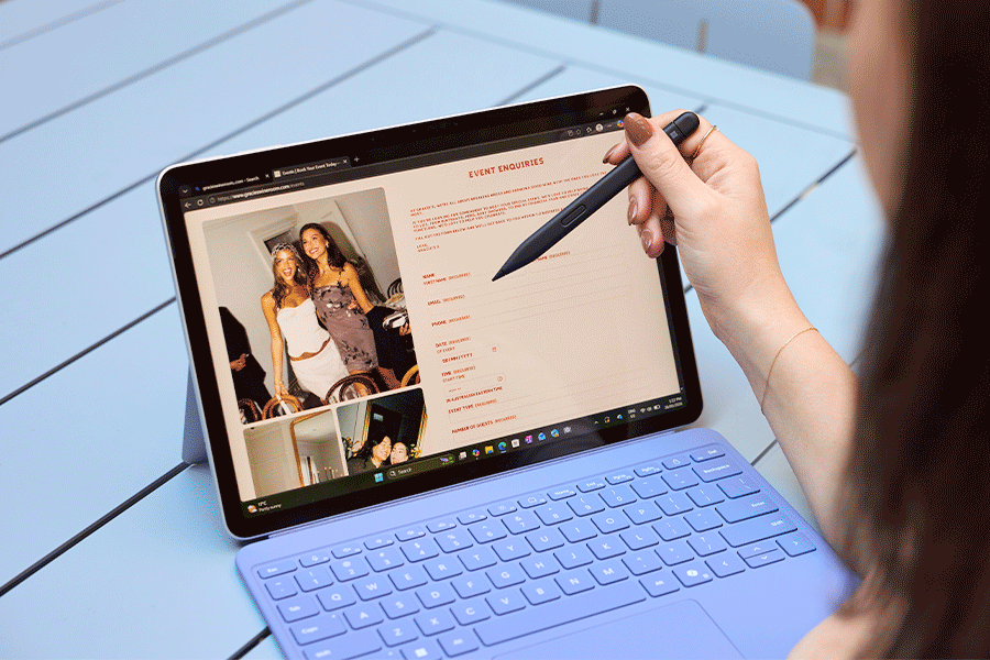 A series of images showing the Microsoft Surface Pro being used in various settings and modes, including tablet and laptop modes, with the keyboard and stylus accessories.