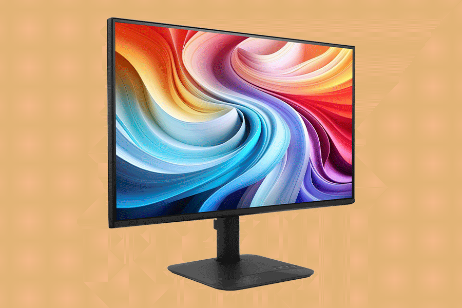 An assortment of products to help with creating a dual monitor setup, shown on various brightly coloured backgrounds. Products include things like cables, monitors, keyboards and mice.