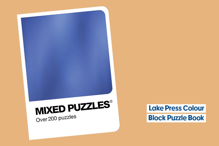 Lake Press Colour Block Mixed Puzzles book shown on an orange background.