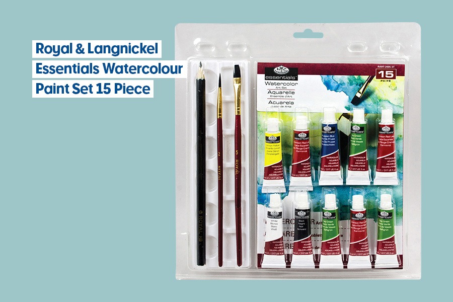 Royal & Langnickel Essentials Watercolour Paint Set, 15 pieces, with 12 paint tubes and 3 brushes, shown on a teal background.