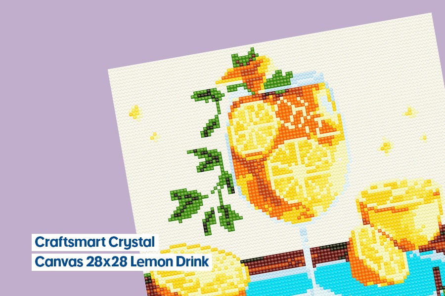 Craftsmart Crystal Canvas Lemon Drink design, showing a pixel-style lemon beverage with citrus slices and greenery on a purple background.