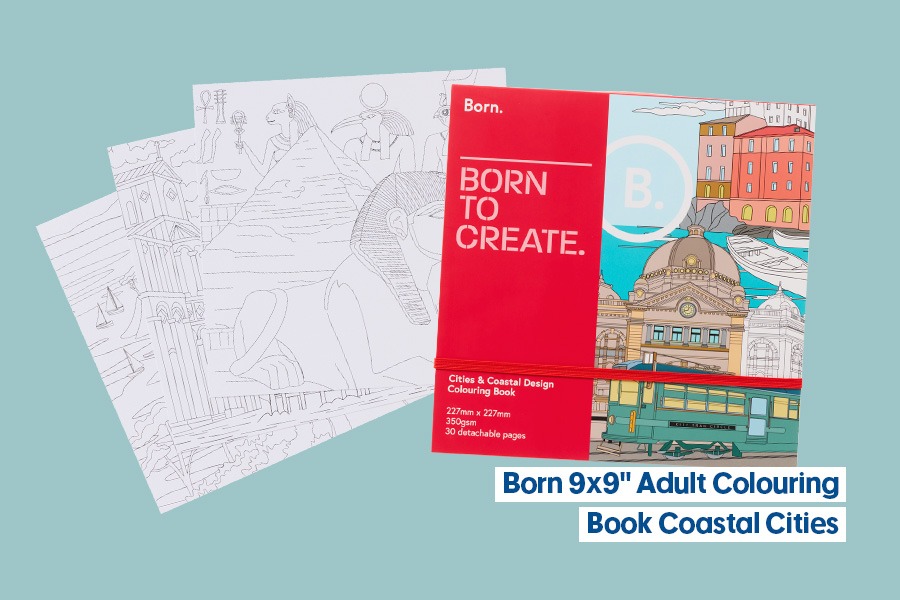 Born adult colouring book featuring coastal cities, with illustrated cover and two line-art colouring pages displayed on a teal background.