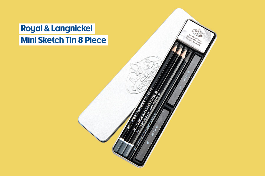Royal & Langnickel Mini Sketch Tin 8 Piece set in a silver metal tin, shown against a yellow background.