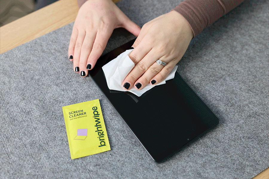 A series of images showing Aliesha Boyce using tech cleaning and organising supplies, including screen wipes, air duster spray, cable organisers and electric cleaning kits.