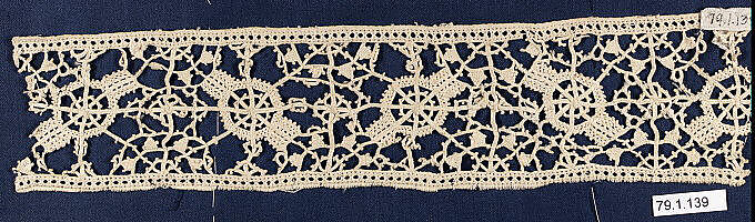 Maker unknown (Italian). Strip, 16th century. Needle lace; 27.9 x 6.4 cm (11 x 2.5 in). New York: The Metropolitan Museum of Art, 79.1.139. Anonymous Gift, 1879. Source: The Metropolitan Museum of Art.