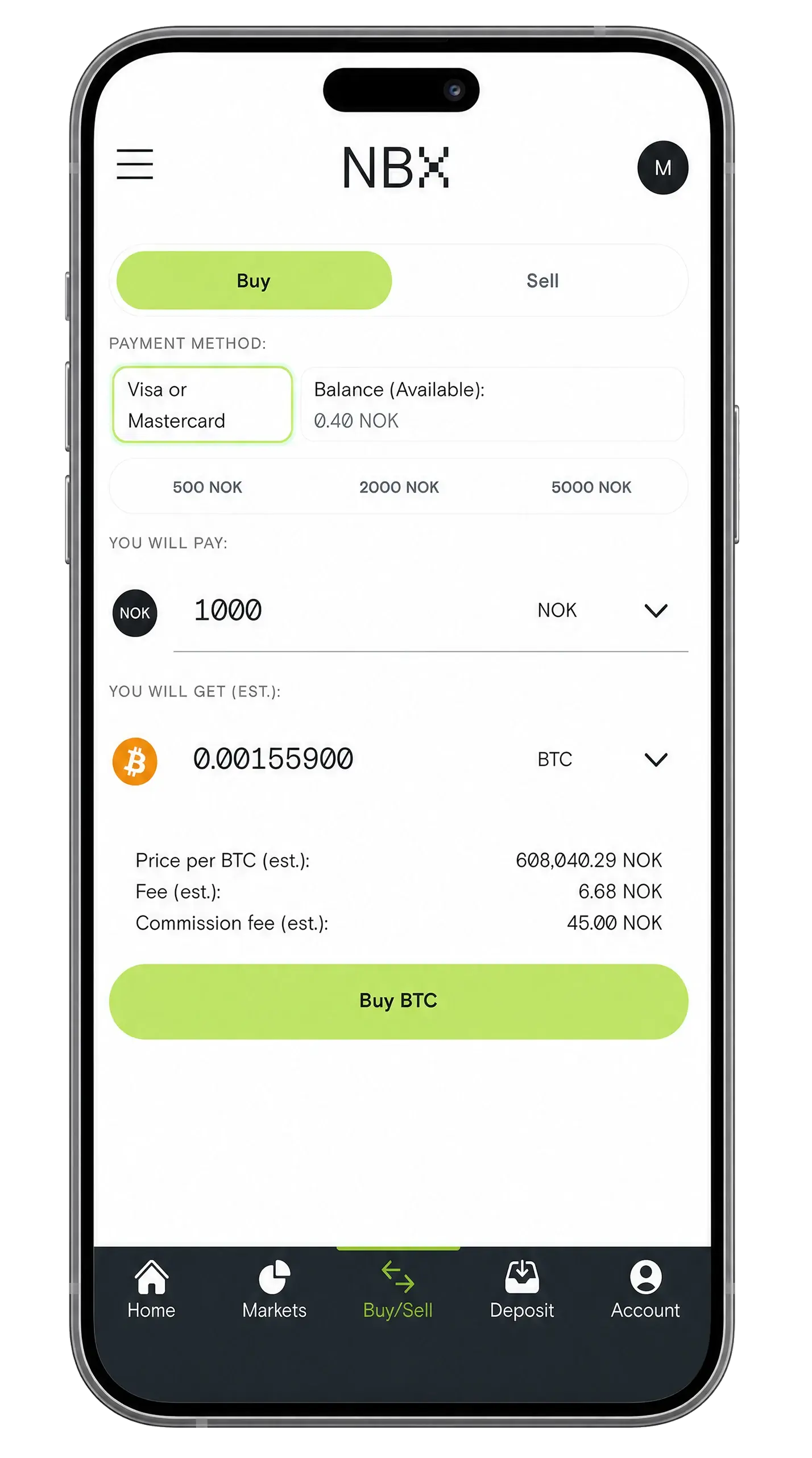 NBX app on iPhone showing portfolio and quick buy