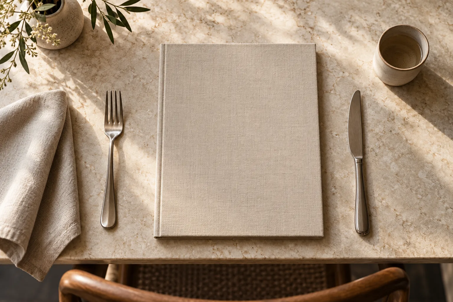 Illustrative flat lay of a blank linen menu cover with cutlery and a ceramic cup