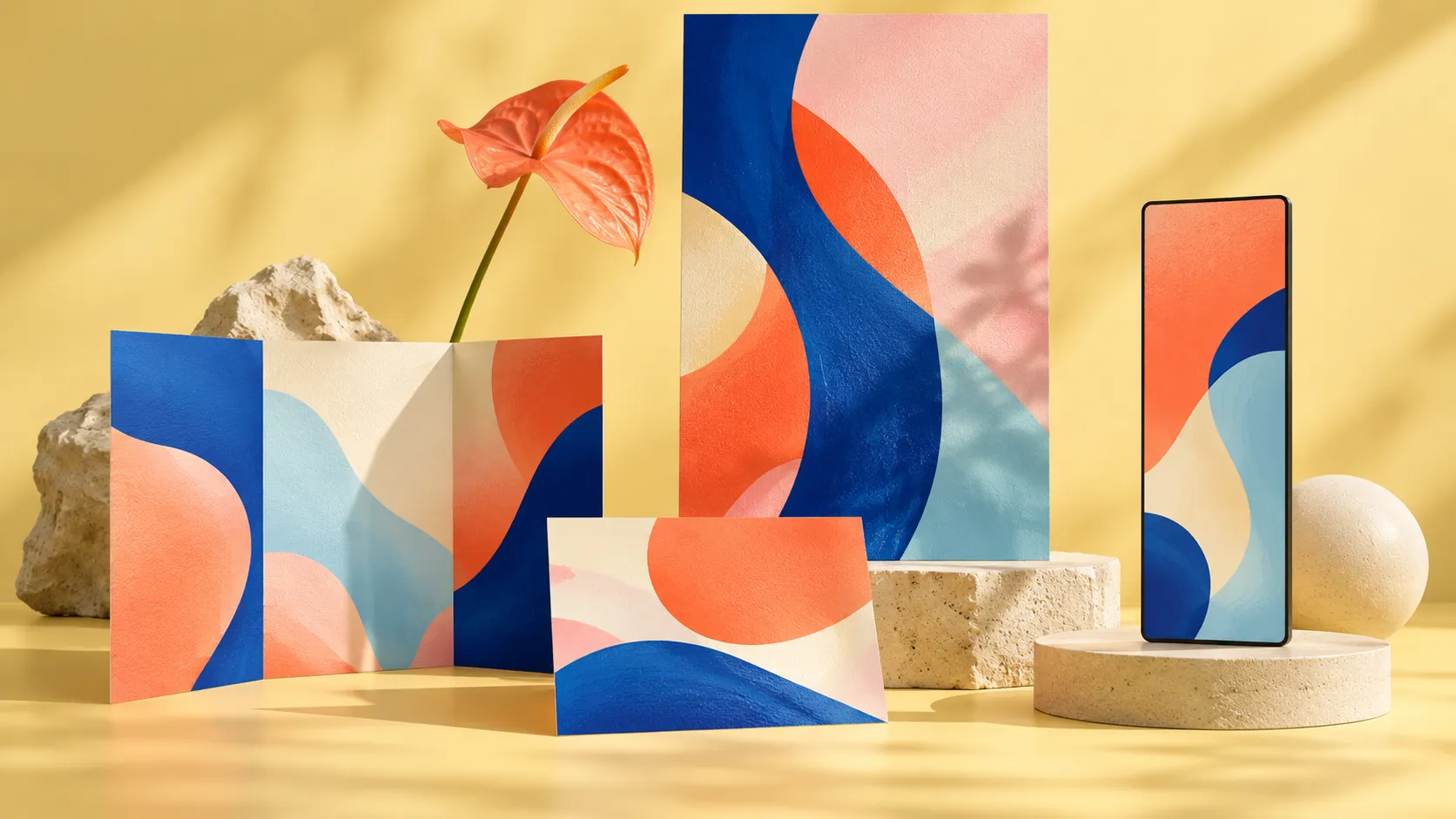 Coral-and-blue abstract graphics across a folded brochure, postcard, poster and slim digital-style panel.